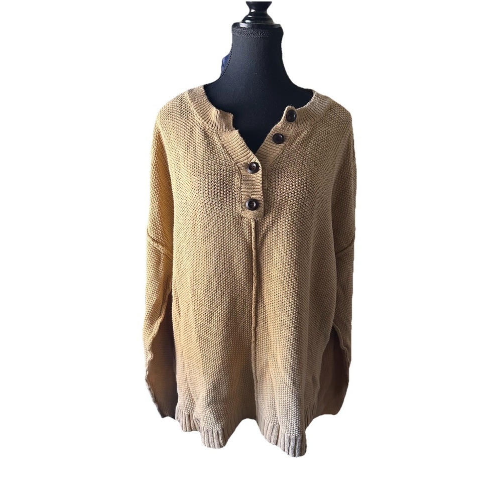 Lillusory V Neck Pullover Sweater Tan Camel Henley‎ Button Large Chunky Warm